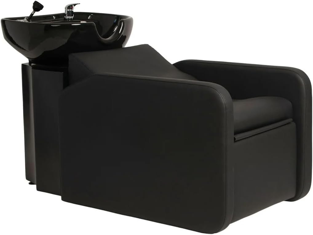 Buy-Rite Eclipse Lay-In Shampoo Backwash Unit for Salons & Barbershops - Porcelain Bowl with Hardware, Extra-Wide Reclining Seat, Kick-Out Leg Rest, Built-In Headrest & Lumbar Support, TS-8088-BLK
