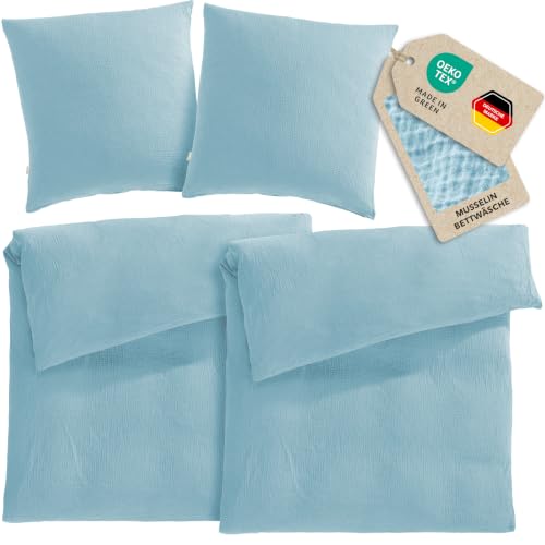 Pure Label Musselin Bettwäsche 4tlg 2x135x200+2x80x80 - Blau – Ansicht 1