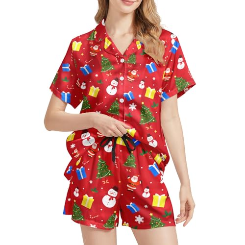 Image of Funny Satin Pajamas Set for Women Button Down Sleepwear Print Pjs Set 2 Piece Short Sleeve Loungewear Gift for Women