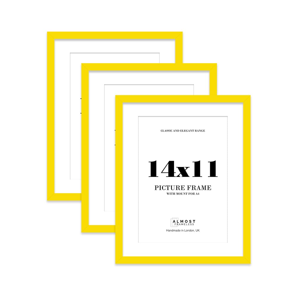 Yellow Picture Frame 14x11 With A4 Mount for Photos - Wall & Table Display, Landscape or Portrait, 3 Pack