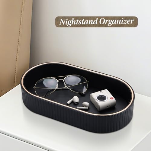 GORESE PU Leather Valet Tray Nightstand Organizer, Oval Perfume Trays Key Bowl Jewelry Dish for Bedside Dresser Entryway Table, Vanity Tray for Bathroom, EDC Trays for Men Women, 11×5.9 in, Black by GORESE - Image 2