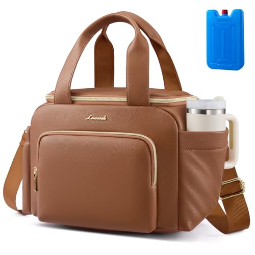 LOVEVOOK Insulated Lunch Bag for Women, PU leather Lunch Box with Shoulder Strap, Wide Opening Adult Large Lunch bags for Work Picnic Beach Family Camping Outdoor Teacher