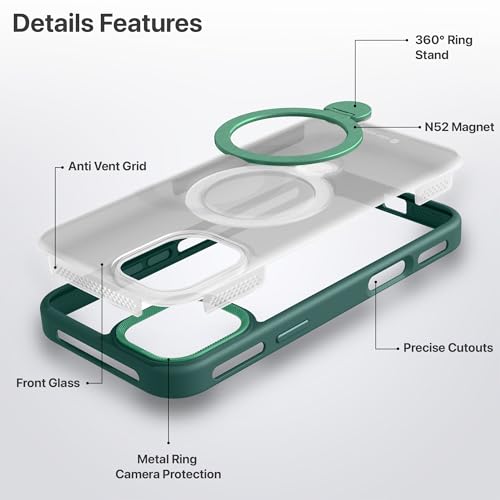 Image of eller sante Maximus Back Cover Case for iPhone 16 Plus with Magnetic Alloy Ring Metal Kickstand Camera Protector TPU Shockproof 10ft Drop Protection Compatible with Mag-Safe- Green