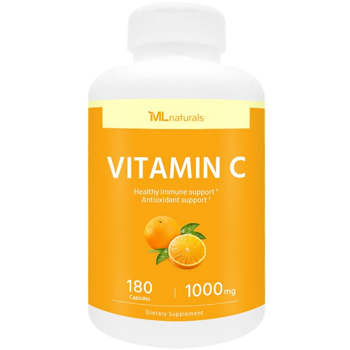 ML Naturals Vitamin C 1000mg Per Serving, 180 Capsules, Long-Lasting Effect, Gluten-Free, GMO-Free, Immune & Antioxidant Support