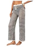 Verdusa Women's Hollow Out Crochet Knit Striped High Waist Swimwear Cover Up Pants Black and Apricot Small