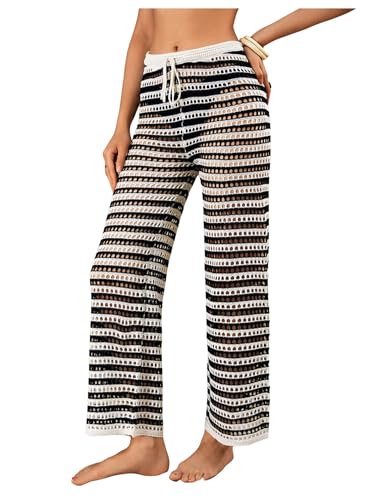 Verdusa Women's Hollow Out Crochet Knit Striped High Waist Swimwear Cover Up Pants