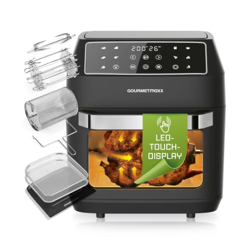 GOURMETmaxx Heißluftfritteuse 12 L Airfryer | Fritteuse mit 9 Funktionen Touchdisplay Dreh- & Schaschlikspießen | 10 Programme inkl. Pizza | Minibackofen 1700 W nahezu ohne Öl