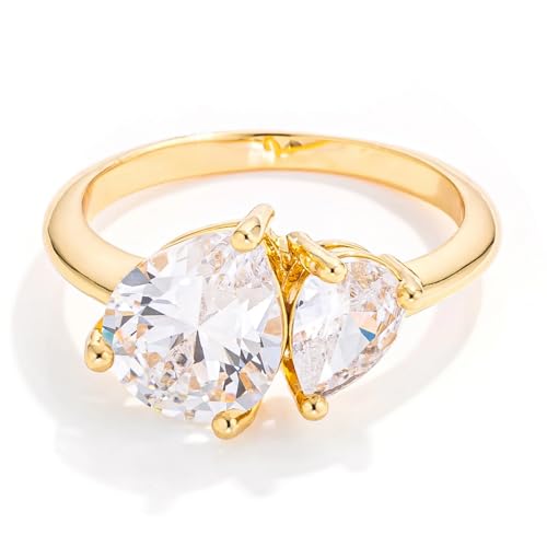 Toi et Moi Pear Teardrop Shape Clear White Cubic Zirconia CZ Engagement Ring, 18k Yellow Gold Plated, Size 7