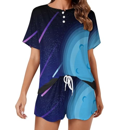 Pyjama femme manches courtes anti-chaleur : ensemble de nuit été Étoile Fusée Lune