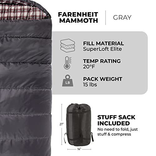 Teton Sports Fahrenheit Mammoth +20F Queen Size Sleeping Bag Perfect for Base Camp while Camping, Backpacking, and Hiking; Grey by TETON Sports - Image 3