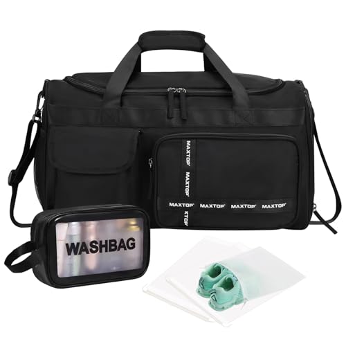 MAXTOP Large Gym Bag for Men Women with Shoe Compartment Wet Dry Separation Black Carry on Duffle Bag for Travel Sports Yoga Fitness Weekend Outdoor Activities
