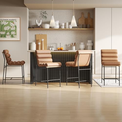 QUINJAY Modern Brown PU Leather Counter Stools Set of 4, 25' Seat Height Upholstered Counter Height Bar Stools with Tufted Back&Cushion, Comfy High Dining Chairs with Black Legs for Kitchen Island