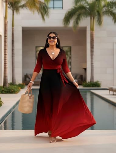 Image of PinkPatty Women's Plus Size Maxi Dresses Casual Flowy 3 /4 Sleeves Dress Printed Vacation Dress for Daily Wear with Belt
