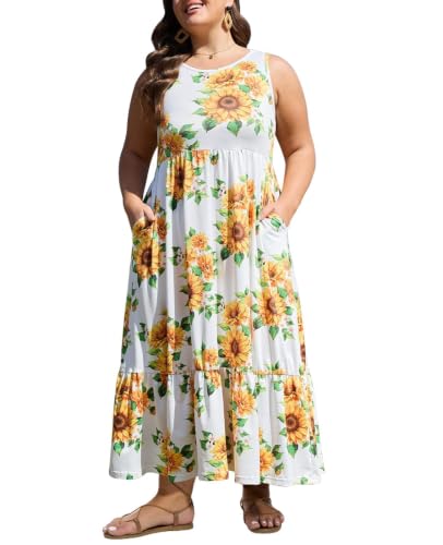 Image of Moon Wood Women's Plus Size Sleeveless Summer Dress Crewneck Tank Casual Flowy Maxi Dress with Pockets Vacation Outfits