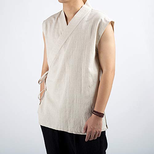 HAORUN Men Linen Vest Regular Fit Chinese Style Vintage Shirt Retro Solid Color2