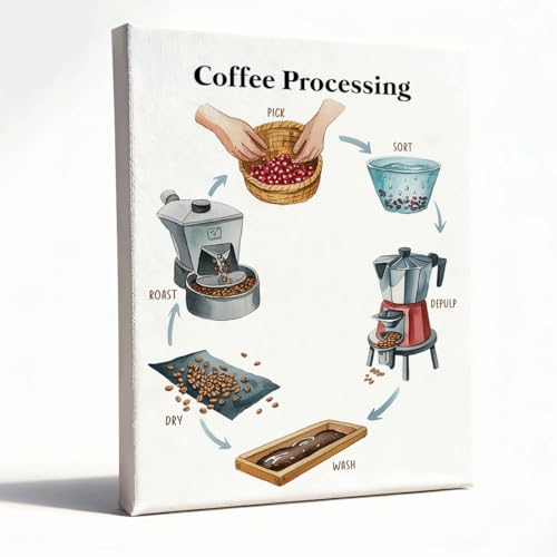 RTVJTERQ Coffee Processing Art, 8x10 Inches Bean Processing Steps Oil