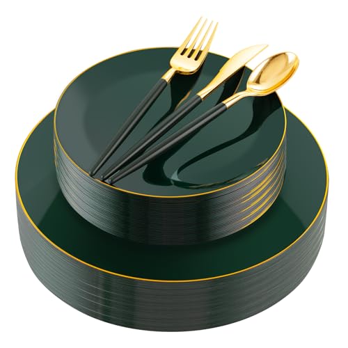 Liacere 150PCS Green Plastic Plates - Gold Plastic Silverware with Green Handle - Heavy Duty Fancy Plastic Plates Disposable Include 30 Guests Plates, Forks, Spoons, Knives for wedding&Christmas Liacere 150PCS Green Plastic Plates - Gold Plastic Silverware with Green Handle - Heavy Duty Fancy Plastic Plates Disposable Include 30 Guests Plates, Forks, Spoons, Knives for wedding&Christmas