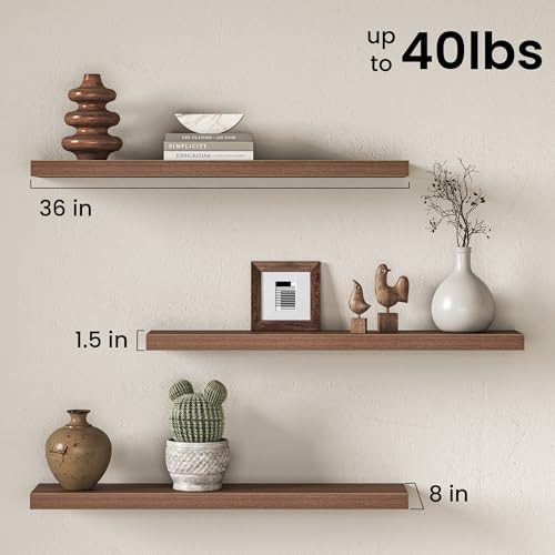 Image of Fun Memories 36Inch Floating Shelves for Wall, 8 Inch Deep Shelves for Bathroom|Bedroom|Kitchen, Large Wall Mounted Wood Hanging Shelf with Invisible Brackets for Home Storage Decor, Walnut - 2 Pack