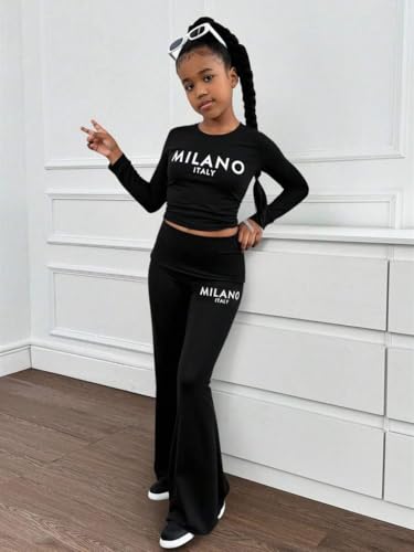 Image of OLMRJKD Girls 2 Piece Outfits Long Sleeve Letter Printed Sweatshirt & Flared Pants Fall Clothing Set Size 7-14 Years (9-10Y)