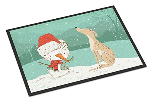 Caroline's Treasures CK2043JMAT Brindle Greyhound Snowman Christmas Doormat 24x36 Front Door Mat Indoor Outdoor Rugs for Entryway, Non Slip Washable Low Pile, 24H X 36W