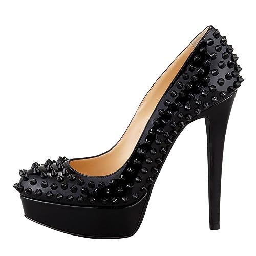 FSJ Women Classic High Stiletto Heel Rivets Platform Pumps Closed Round Toe Slip On Studded Sexy Work Party Wedding Dress Shoes Size 4-16 US2