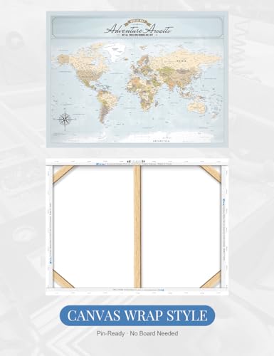 Image of IPIC - Push Pin World Map Canvas Wall Art, Oversized World Travel Map Print for Home, Office, Study or RV, Push Pin Board Decor to Mark Your Travels, Ready to Hang