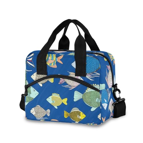 Insulated Lunch Bag Reusable Cooler Fishes Blue Lunch Box Adjustable Shoulder Strap for Adults Men Women