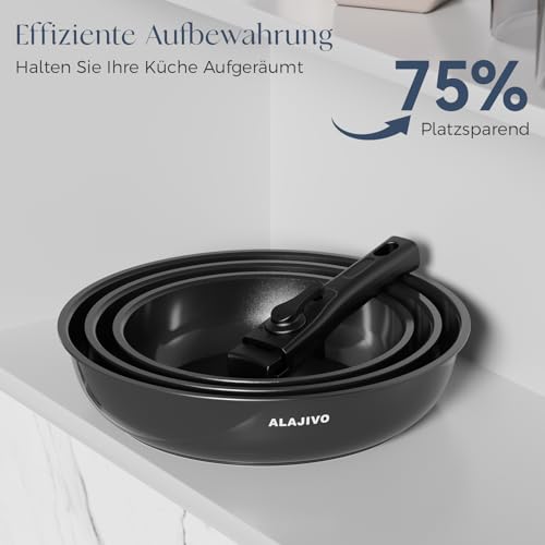 Pfannenset mit Abnehmbarer Griff, Pfanne Induktion, Bratpfanne mit Antihaft beschichtung, 7-Teiliges, 20+24+28 cm Platzsparend Keramik Pfannen, Pfannen Set für alle Herdarten, Spülmaschinen, Ofenfest