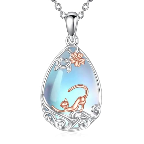 Collier chat en argent et pierre de lune, cadeau idéal femme et mère