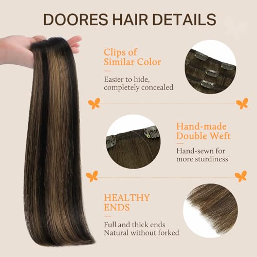 Image of DOORES Real Human Hair Extensions, Balayage Natural Black to Chestnut Brown 12 Inch 80g 7pcs, Remy Clip in Hair Extensions Straight