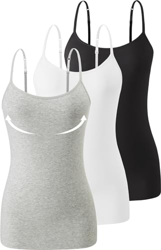 Image of Accbiety 3 Pack Womens Camisole with Built in Bra Adjustable Strap Tank Tops Basic Cotton Undershirt Cami
