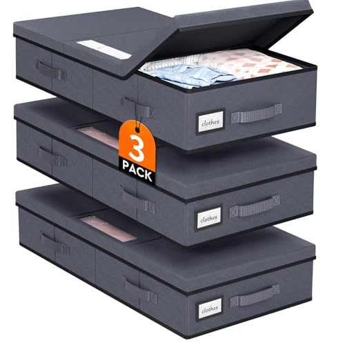 StoreHappily Under Bed Storage Containers with Lids - 3 Pack, Foldable and Stackable Clothes Storage Bags with Clear Window, 3-Sided Handles and Label Slot for Clothing, Blankets, Pillows (Grey)