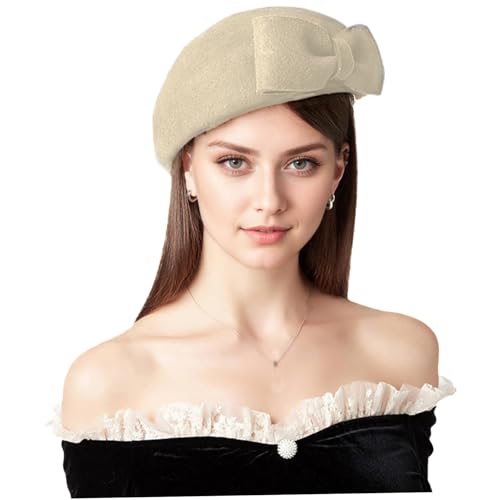 Beret Hat, Elegant Pillbox Hat for Women with Bowknot, Warm Soft Comfortable Wool, One Size French Hats for Women Winter Party Wedding, White Beret2