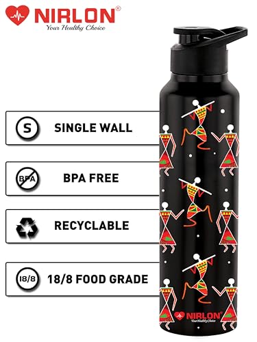 Image of NIRLON Classic Flip UV Printed Single Wall Stainless Steel Sipper Cap Water Bottle 1000ml |Fridge Water Bottle| Office Bottle|Gym Bottle|School Bottle|Treking Bottle|Travel Bottle (Warli Art Black)