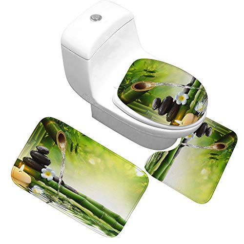 GRGFG Badematten Set,Badematten Teppich-Set 3-Teilig Bambus-Wasser 3D-Druck rutschfeste Badematten Weiche Mikrofaser…