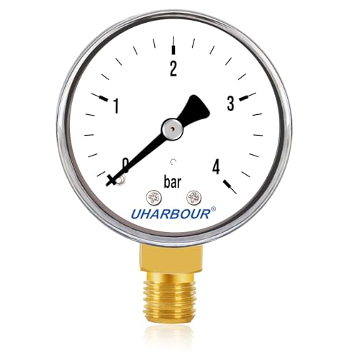 UHARBOUR Wasser Manometer 0-4 Bar, 1/4 Zoll, Druckluft Manometer mit Unterer Halterung, 1/4 BSP-Messinganschluss