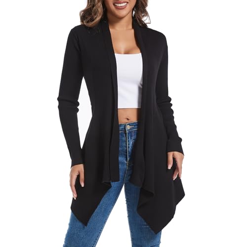 Women's Draped Open Front Cardigan, Long Sleeve Soft Ribbed Knit All-Season Outerwear with Irregular Hem