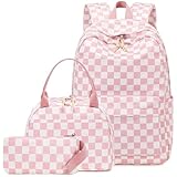 LEDAOU Mochila para meninas, mochila escolar, mochila infantil para adolescentes, conjunto de mochila com lancheira e estojo de lápis, Grade - rosa e branco, 17.3 x 11.8 x 5.5 inches, Mochila feminina