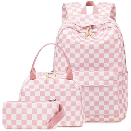 LEDAOU Mochila para meninas, mochila escolar, mochila infantil para adolescentes, conjunto de mochila com lancheira e estojo de lápis, Grade - rosa e branco, 17.3 x 11.8 x 5.5 inches, Mochila feminina