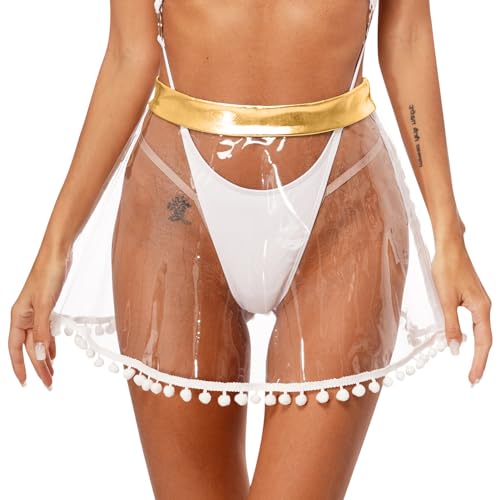 Sholeno Women's See Through Clear PVC Pleated Transparent A-Line Mini Skirt Short Dress Clubwear Gold Large