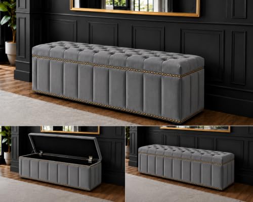 Image of Tufted Velvet Storage Ottoman Bench with Nailhead Trim (Grey) | Storage Ottoman bench