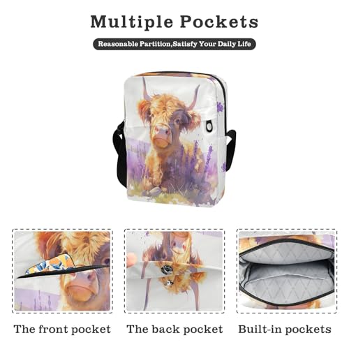 Lovely Brown Scottish Highland Cattle with Lavender messenger bag for women Crossbody Bags For Women Womens Casual Purses Adjustable Strap for Outdoor Daily Casual2