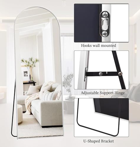 Image of Prywot Full Length Mirror, 64 inchx21 inch Arched Floor Mirror with Stand, White