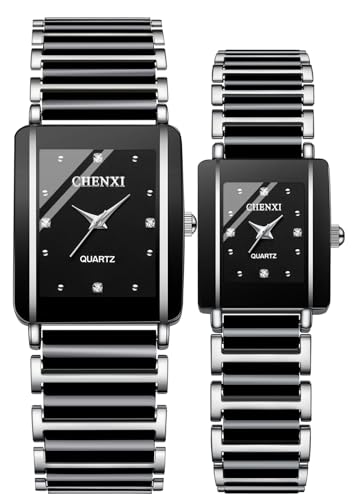 Gosasa Montres de couple vintage pour homme et femme - Ensemble de montres assorties à quartz avec cadran carré en céramique étanche à l'eau avec diamants, Y noir.,...