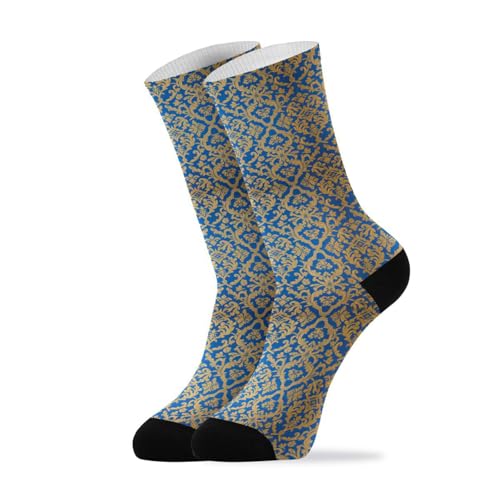 Blue and Gold Baroque Vintage Flowers men's crew socks running casual wicking black socks for men (2-Pair)