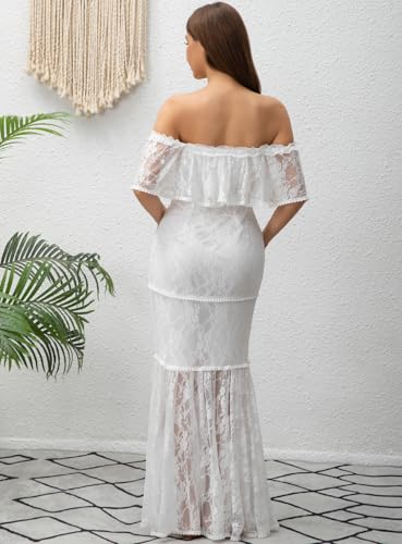 Image of HOYISHION Women's Off The Shoulder Floral Lace Maxi Dress White Bridesmaid Wedding Party Maternity Photoshoot Long Dresses