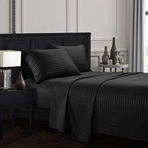 Image of YRM Bedding's Premium Collection Egyptian Cotton 600-TC 4-Piece Bedsheet Set {1-Bedsheet (102x108) + 1-Fitted (72x78) + 2-Pillow(18x28)}, Standard King Size, Black Stripe