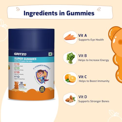 Image of Gritzo Super Gummies, Multivitamin for Kids (Natural Orange Flavour, 30 Gummies) | Zero Added Sugar, 21 Vitamins & Minerals | Pack of 2