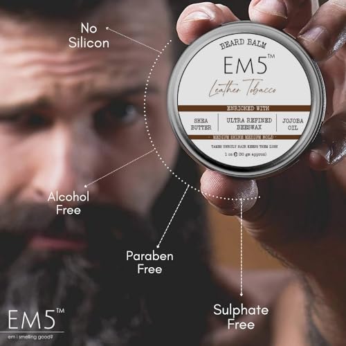Image of EM5's Organic Leather Tobacco Beard Balm | Shape Style and Tame | Medium Hold and Shine | Long Lasting Fragrance | Mustache and Beards Wax | Gift for Him /Men