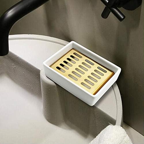 YOCZOX Soap Dish Holder, Stainless Steel Soap Holder with Ceramic Seat Silicone Anti-Slip Pads Nordic Style Soap Tray for Bathroom Shower Kitchen Organized, Double Layer Draining, Gold (A)